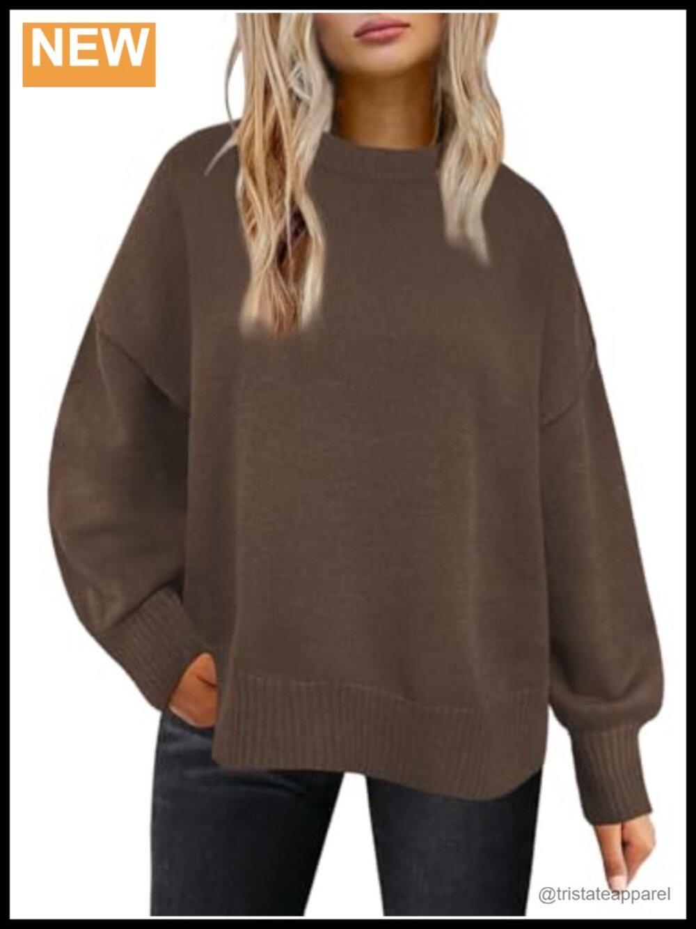 Oversized Fuzzy Knit Sweater Pullover Long Sleeve Crew Neck Side Slits Ribbed